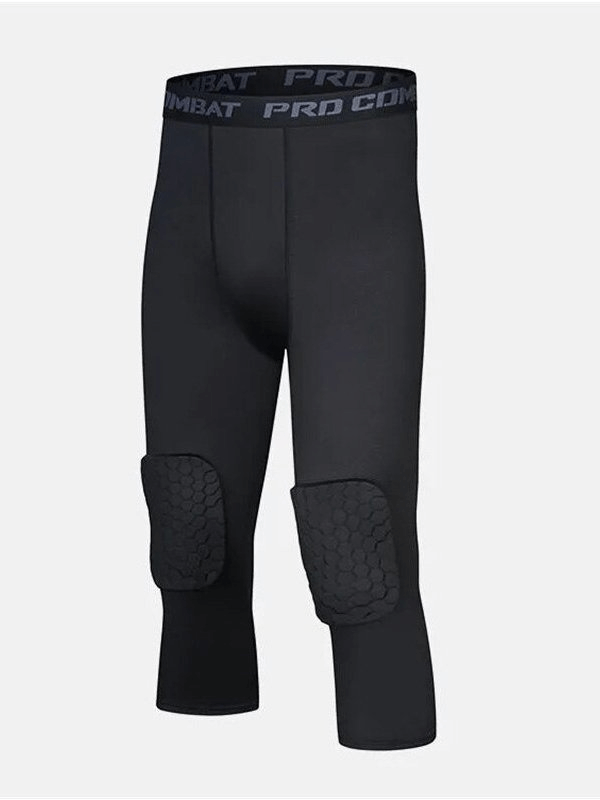 Black men's elastic leggings with knee pads, made from stretchy Nylon and Polyester, perfect for sports and protection during workouts.